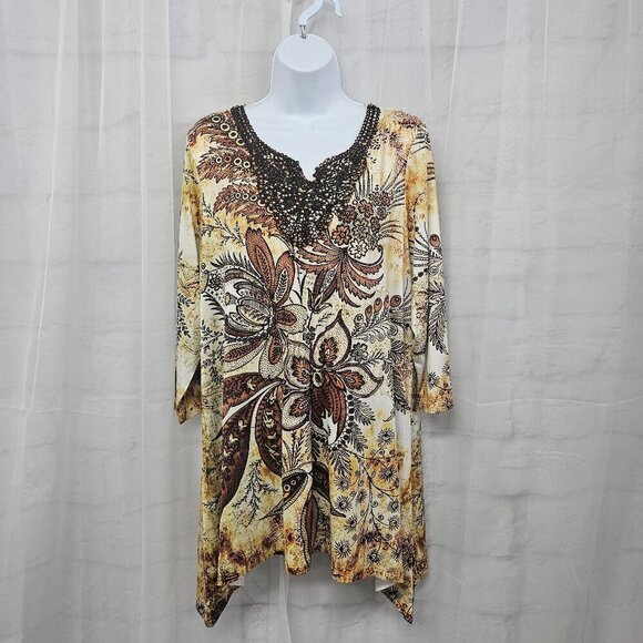 Simply Emma Blouse Grunge Whimsigoth Retro Floral Beaded Brown Green 1X - Picture 12 of 12